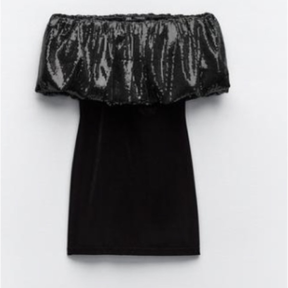 Zara Black Off-Shoulder Velvet Sequin Mini Dress
